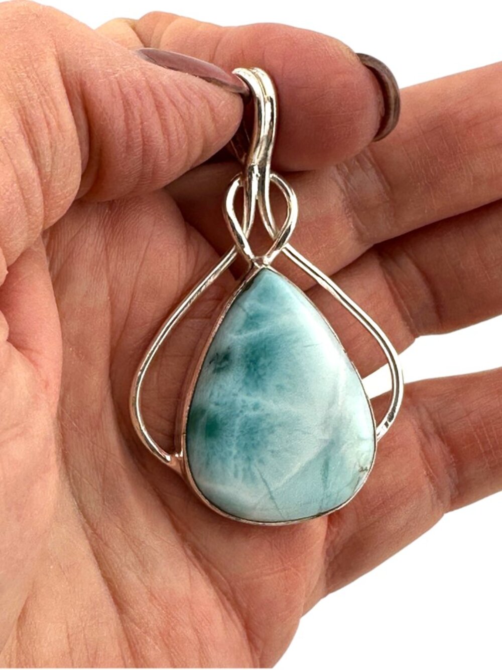Natural Larimar Pendant 925 Sterling Silver Teardrop Gemstone Openwork